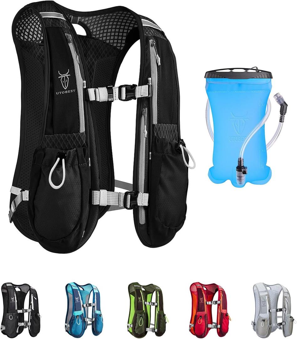 UTOBEST Running Vest, 5L Hydration Vest Lightweight, Breathable and Sweatproof Running Backpack, Adjustable Running Hydration Vest for Trail Running Marathon Race Jogging Cycling (Black Vest 5L with 1.5L Bladder)