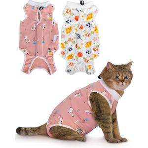 ANWA 2 Pack Cat Recovery Suit - Breathable Cat Onesie for Cats After Surgery Female, Kitten Surgery Recovery Suit Female Abdominal Wounds (Medium, Alpaca + Candy)