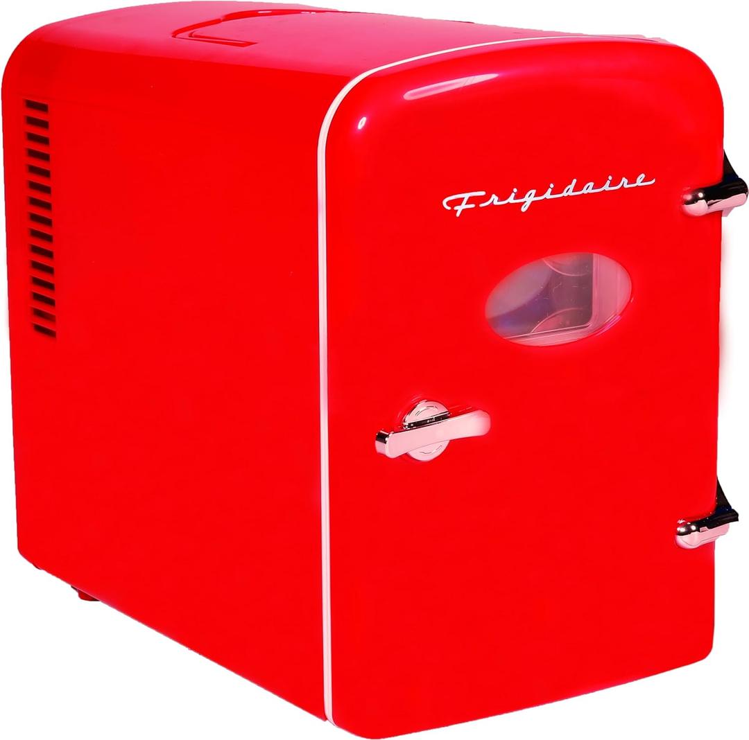 Frigidaire Red Mini Personal Fridge Cooler, 1 Gal Capacity fits Six Cans, Includes Plugs for Home Outlet & DC Charger - 9.9" D x 7.1" W x 10.6" H (RED)