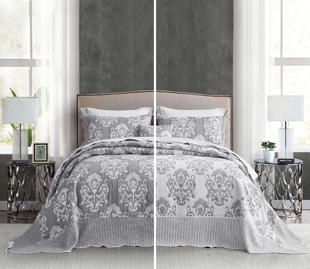 HZ & HY Oversized King Bedspread Grey 128x120 Extra Wide, Jacquard Matelasse Damask Pattern Design, Lightweight, Reversible, 5 Piece, 100% Microfiber, King/Cal King, Grey (Extra Wide Super King(128"x120"), Grey)