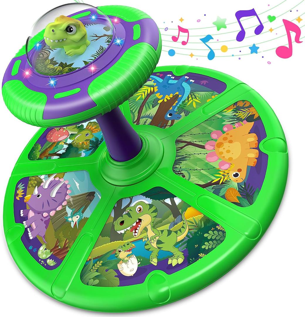 Flooyes Dinosaur Sit and Spin Toys for Toddlers Boys 1 2 3 Years Old, Birthday Gift for Boys Age 2-4 with LED Lights and Music, 360 Spin, Medium, Small