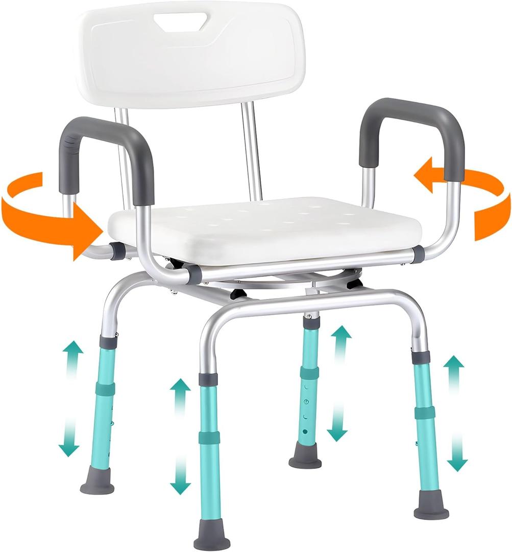 360 Degree Shower Chair Swivel,Portable Seat with Armrests and Back, Adjustable Height Seat for Bathtub (White1)