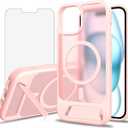 Asuwish Phone Case for iPhone 15 6.1 inch, Compatible with Magsafe Magnetic, Tempered Glass Screen Protector, Folding Stand Shockproof Protective Cell Cover i Phone15 i15 15Case Women Men Pink