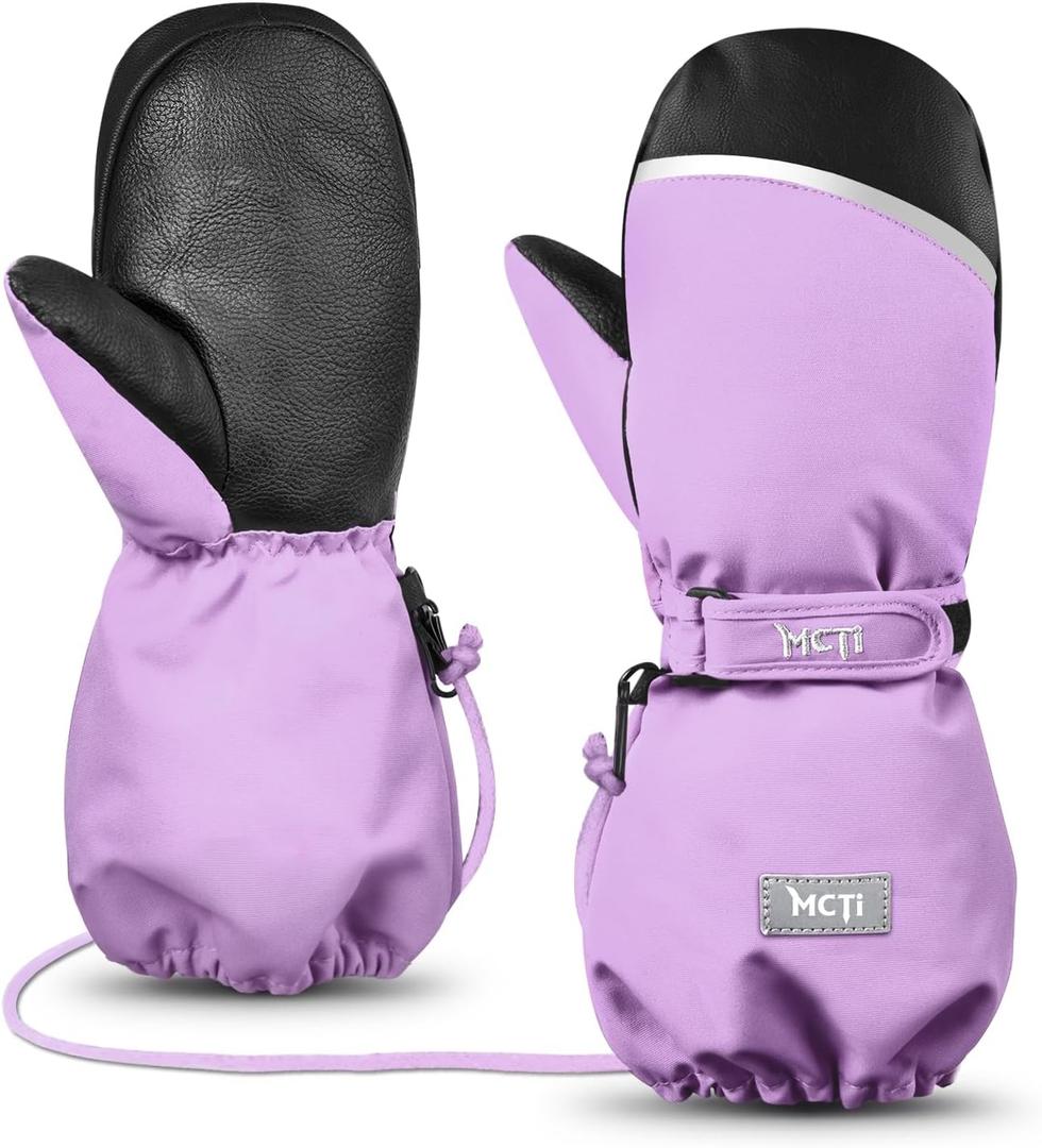 MCTi Kids Mittens Waterproof Winter Ski Warm Sherpa Lined Long Cuff with String (Small, Grayish Purple)