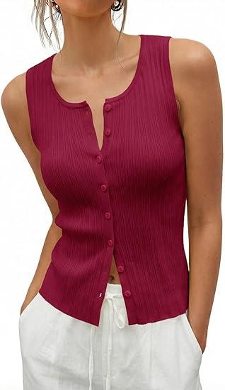 Saodimallsu Womens Sleeveless Sweater Vest Button Down Ribbed Knit Tank Top Scoop Neck Summer Trendy Vest Tops S
