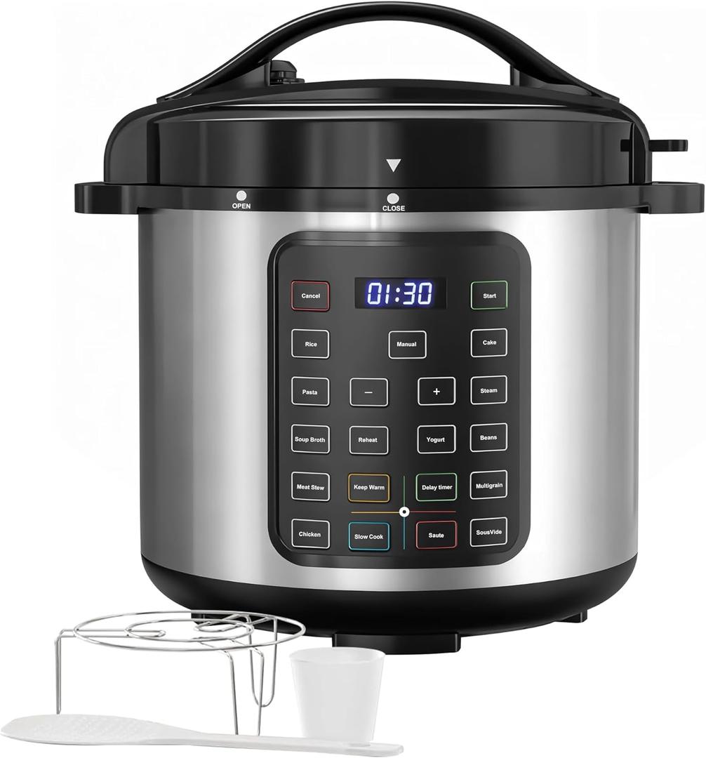 Simple Deluxe 16-in-1 Electric Pressure Cooker, 8QT Stainless Steel & Non-Stick Multi Cooker for Slow Cook, Meat Stew, Cake, Porridge, Multigrain, Dishwasher Safe, Silver