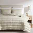 Beige Striped Queen Size Quilt Set, Lightweight Pick Stitch Bedspread with 2 Shams, Netural Soft Cloud Chambray Farmhouse Country Coverlet Rustic Thin Comforter Spring Summer, 3-Piece Bedding Set