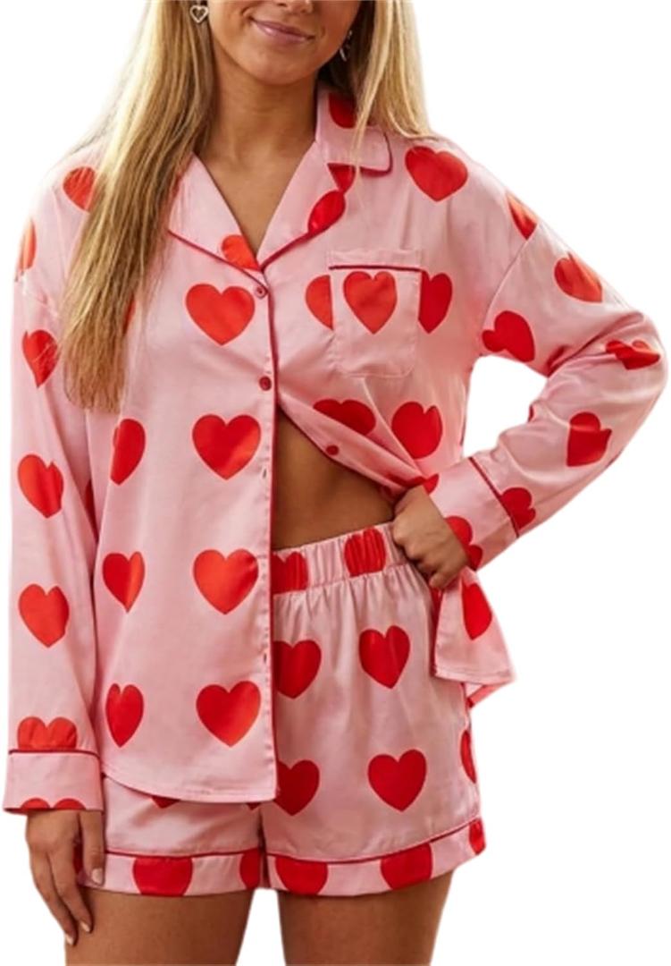 Thopavenoir Women's Valentine's Day Pajamas Satin Silk Pjs Cute 2 Piece Long Sleeve Button Down Shirt Lounge Shorts Sets (Medium)