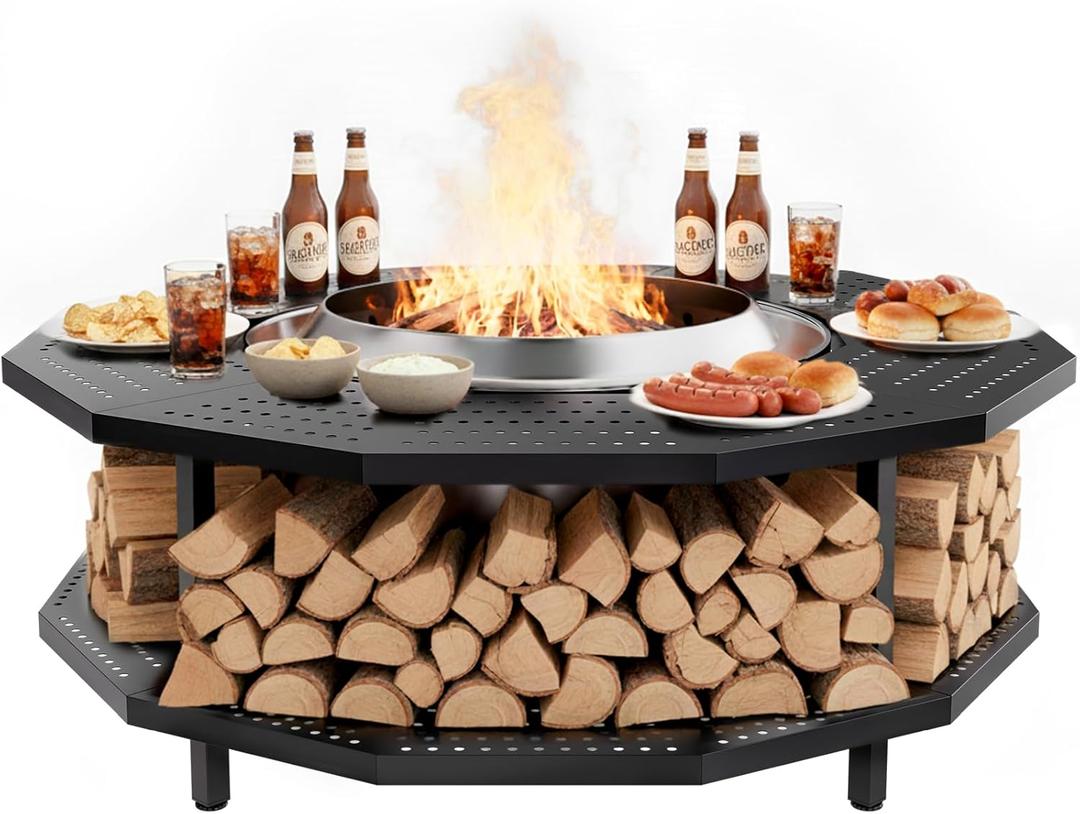 41" Fire Pit Surround Tabletop for Solo Stove Bonfire and Ranger Portable Protective Barrier for Wood Burning Fire Pits Outdoor Bonfire Fire Pit with Firewood Storage Shelf (Black)