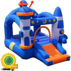 Bounce House, Inflatable Bouce House for Kids 3-6 with Basketball Hoop Jump Area and Slide, Space-Themed Inflatable Bouncy Castle with Air Blower for Indoor/Outdoor