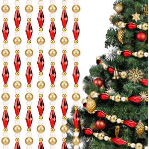 Highergo 16ft Christmas Tree Bead Garland Retro Bead Garland Candy Christmas for Tree Party Supplies Staircase Fireplace Hanging Ornaments(Red and Gold,Diamond)