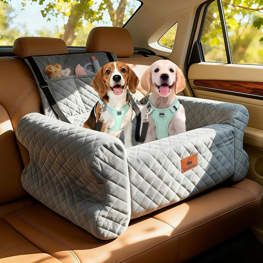 Dog Car Seat for LargeMedium Dogs: Pet Car Seat, Detachable Washable Dog Booster Seat, Pet Travel Bed with Storage Pockets and Dogs Safety Belt (Grey, Large)