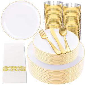 NOCCUR 350PCS Gold Disposable Dinnerware Set for 50 Guests - White and Gold Plastic Plates Include 50 Dinner/Dessert Plates, 150 Silverware and 50 Napkins/Cups Ideal for Party/Christmas