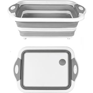 Camping Collapsible Cutting Board Dish Basin BBQ Prep Tub Camp Sink Dish Washing Station Multifunctional Storage Basket(Grey white)