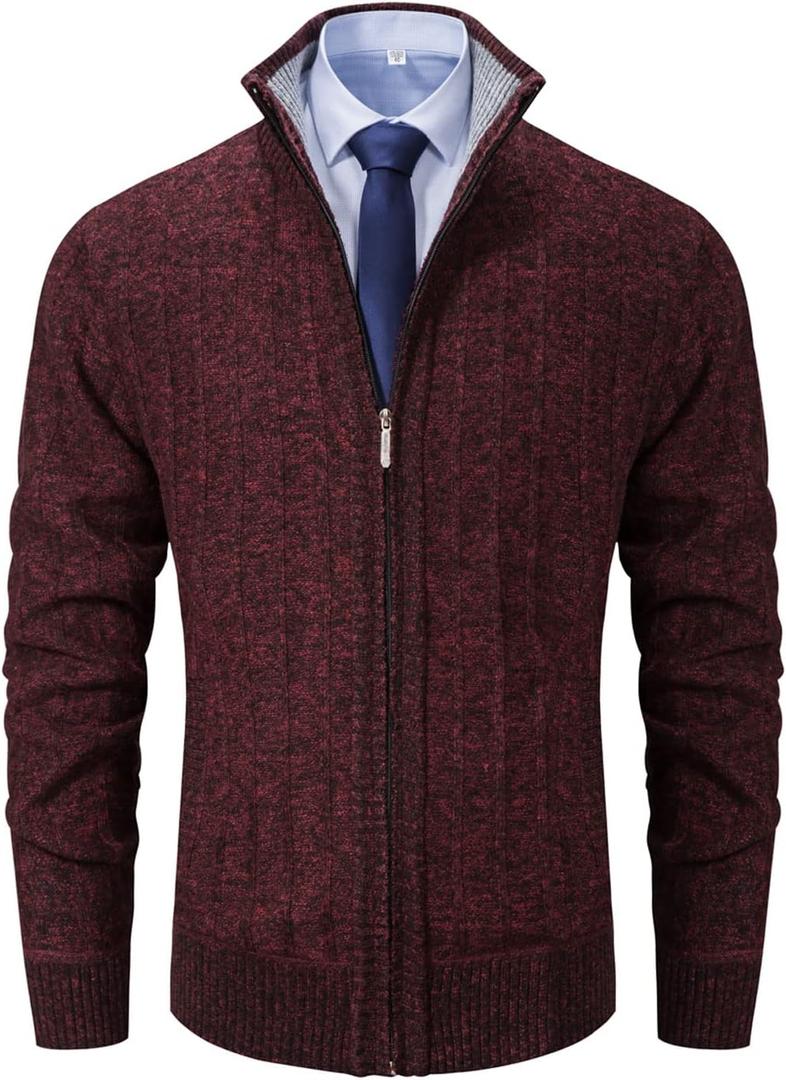 XinYangNi Men's Cardigan Sweaters Full Zip Up Stand Collar Slim Fit Casual Knitted Sweater with 2 Front Pockets (X-Large, Wine Red000)
