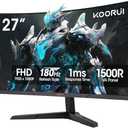 KOORUI 27 Inch Curved Gaming Monitor, Full HD 1080p 1500R 180Hz Computer Monitor, 99% sRGB, Adaptive Sync, Display Port 1.2x1 & HDMI 2.0x2, Eye Care, VESA Compatible, Black 27E6CA