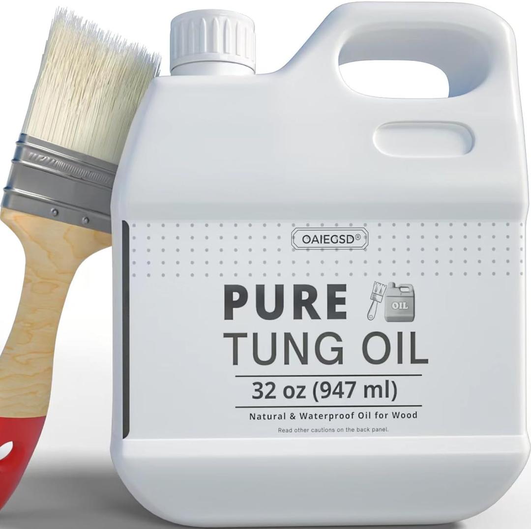 32oz 100% Pure Tung Oil for Wood Outdoor with Brush, Safe Food Grade Tung Oil for Wood Finish, Natural Waterproof Sealer Can Used on Cutting Boards, Outdoor Furniture, Butcher Blocks, 32 Fl Oz