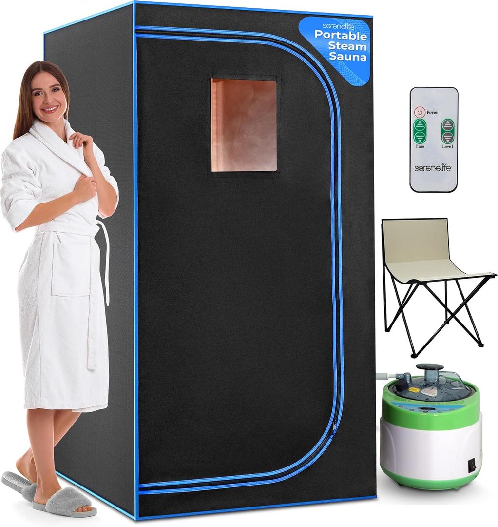 SereneLife Portable Sauna Box for Home, Steam Sauna Tent with Extra Large 4L Steamer - Includes Folding Sauna Chair, Remote Control w/ 9 Heat Levels for in-Home Spa - 2.9' x 2.9' x 5.9'