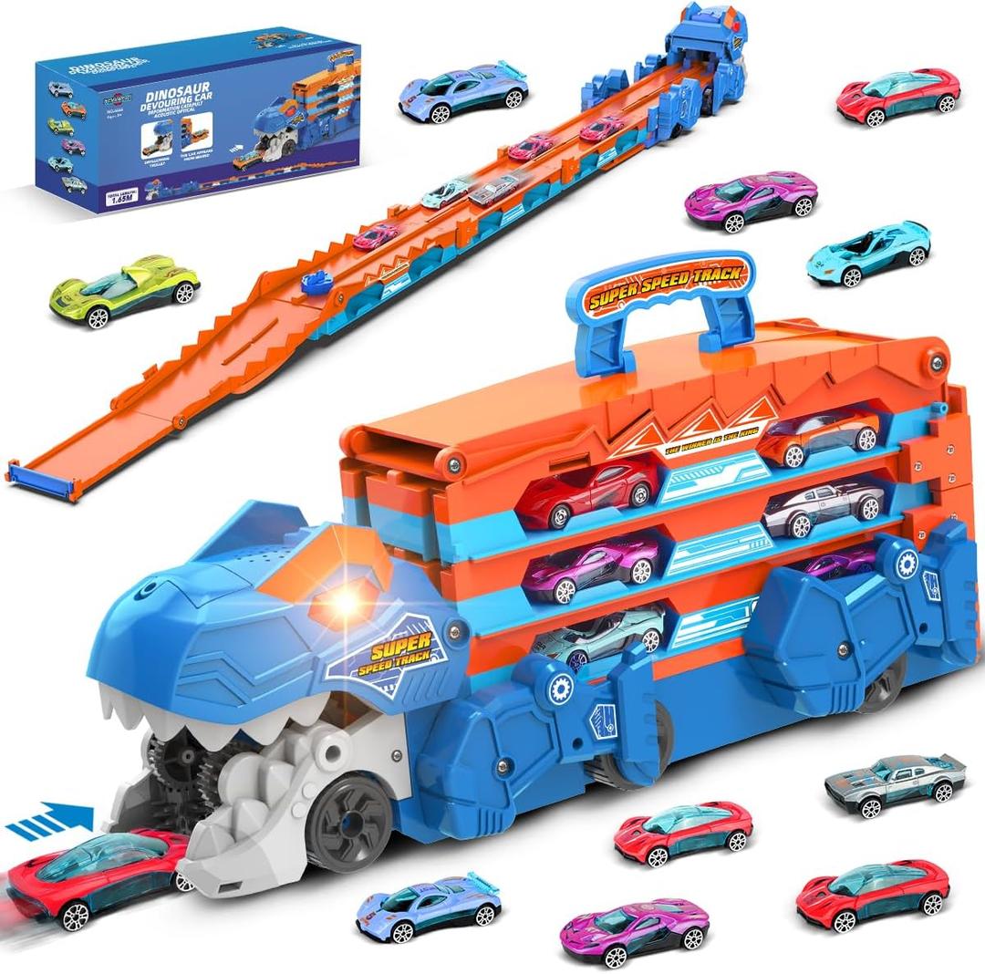 Dinosaur Transport Truck Toy for Kids - 3 in 1 Ejection Folding Track Toys w/Sound 8 Race Cars, Portable Vehicles Set Best Gift for Boys Girls 3 4 5 6 Years Old - Possesses Invention Patents (Blue)