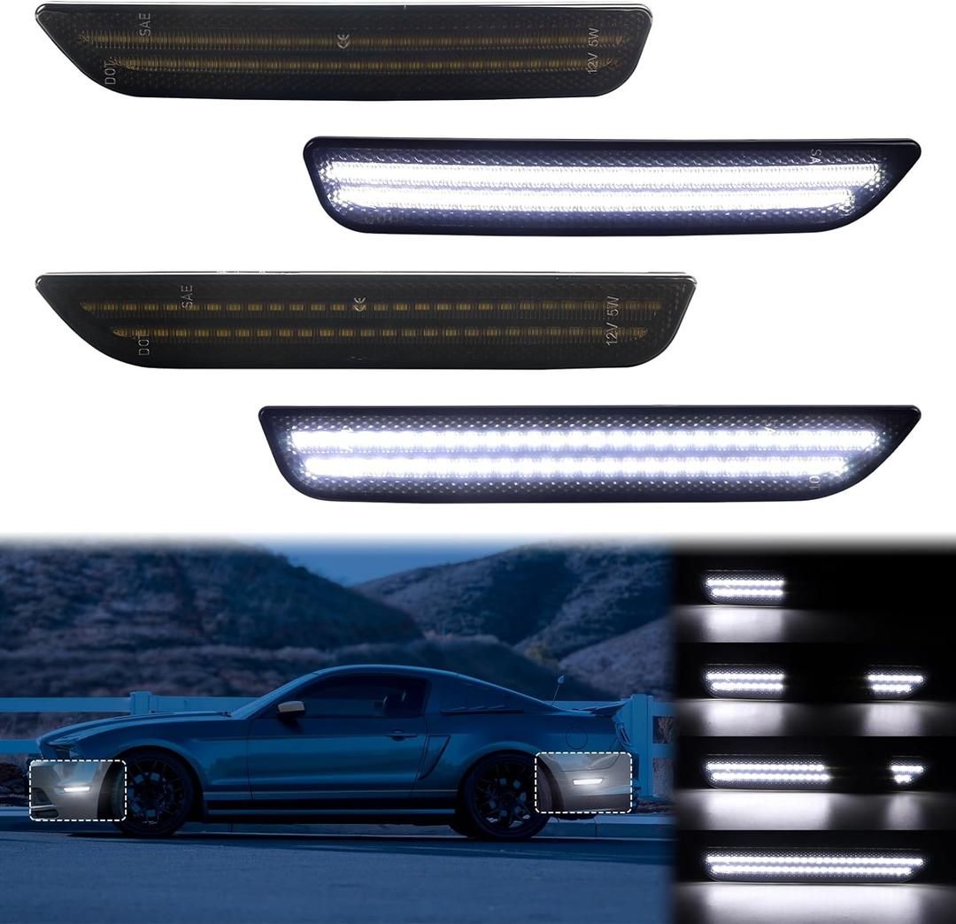 Dynamic Sequential White LED Side Marker Lights for Ford Mustang 2010 2011 2012 2013 2014 Front Rear Bumper Reflector Indicator Assembly, Smoked Lens