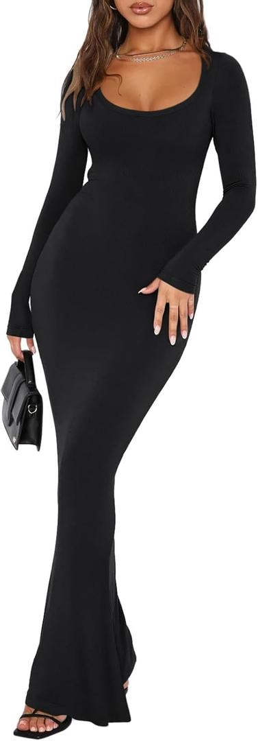 REORIA Womens Sexy Casual Square Neck Long Sleeve Soft Lounge Long Dress Fall Wedding Guest Formal Ribbed Bodycon Maxi Plus Size Dresses (X-large, Black)