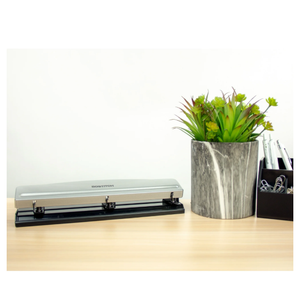 Bostitch Office Premium 3 Hole Punch, 12 Sheet Capacity, Metal, Rubber Base, Easy-Clean Tray, Silver