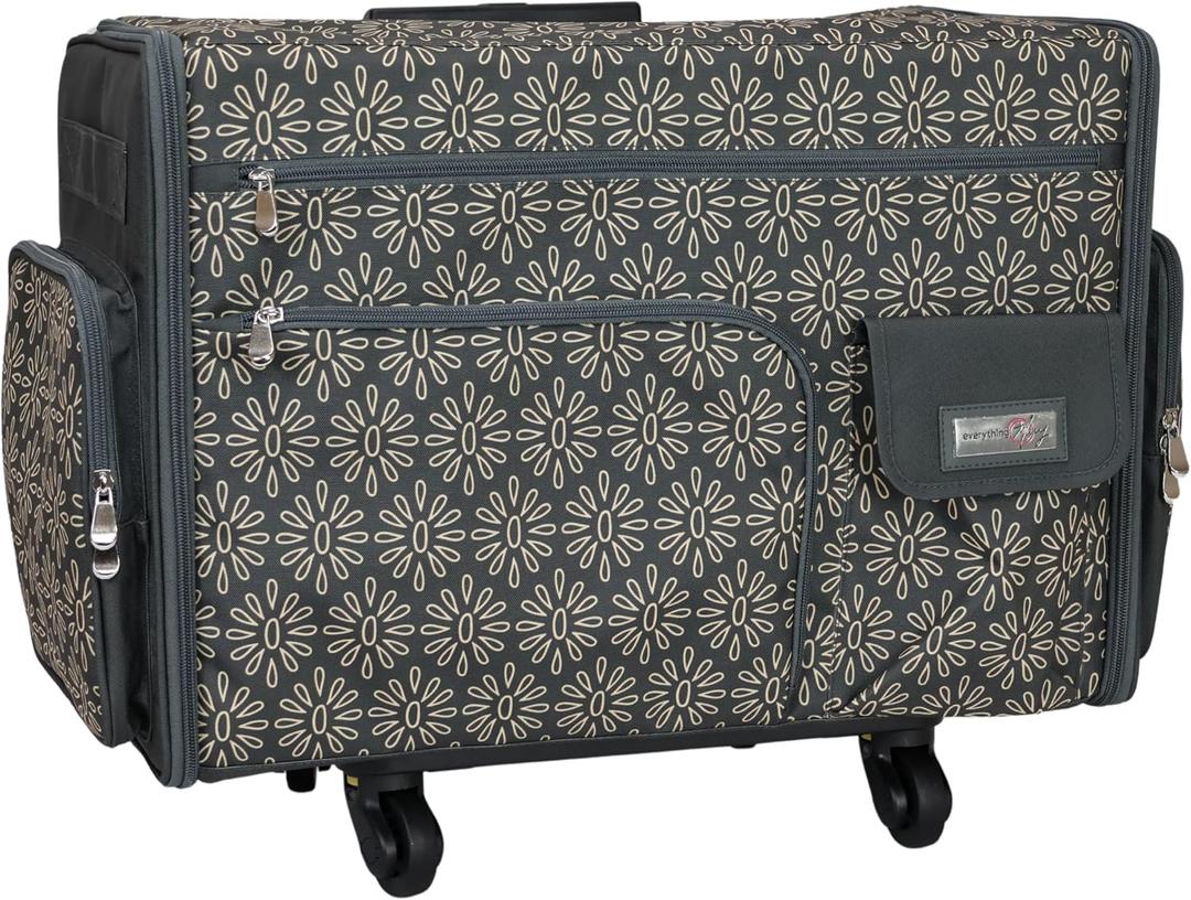 Everything Mary XL Flat-Top Rolling Sewing Machine Case Tan Geo Craft Bag with Wheels Portable Organizer for Sewing, Scrapbooking, Quilting & Craft Supplies