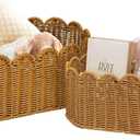 Rattan Picnic Basket Set of 2, Wicker Picnic Basket with Scalloped Edge, Garden Harvest Basket, Woven Baskets for Vegetable & Fruit, Mocha