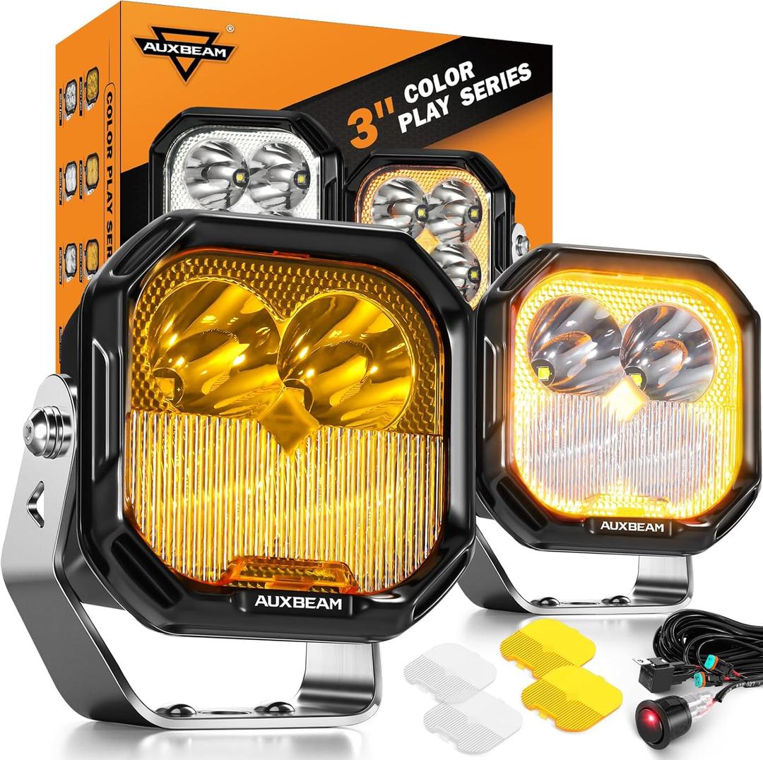 Auxbeam Color Play Series Amber DRL LED Pod Lights 3" 100W Spot Flood Combo Dual Color Turn Signal Driving Fog Lamp Cube Ditch Lights Offroad Lighting with Covers
