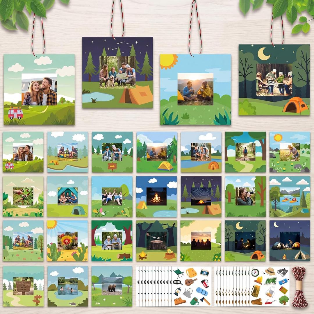 Cholemy 48pcs Camp Picture Frame Craft, DIY Hanging Photo Frame Ornaments Craft Kit with Stickers for Kids, Vbs Sunday School Holiday Decor, Outdoor Nature Themed Photo Gift Tags(Camping Style), 4.7 x 3.9 inches