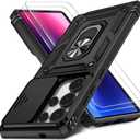 Case for Samsung Galaxy S25 Ultra with Slide Camera Cover+Screen Protector(2 Packs), Military Grade Shockproof Protective Cover, Rotated Ring Kickstand(B - Black)