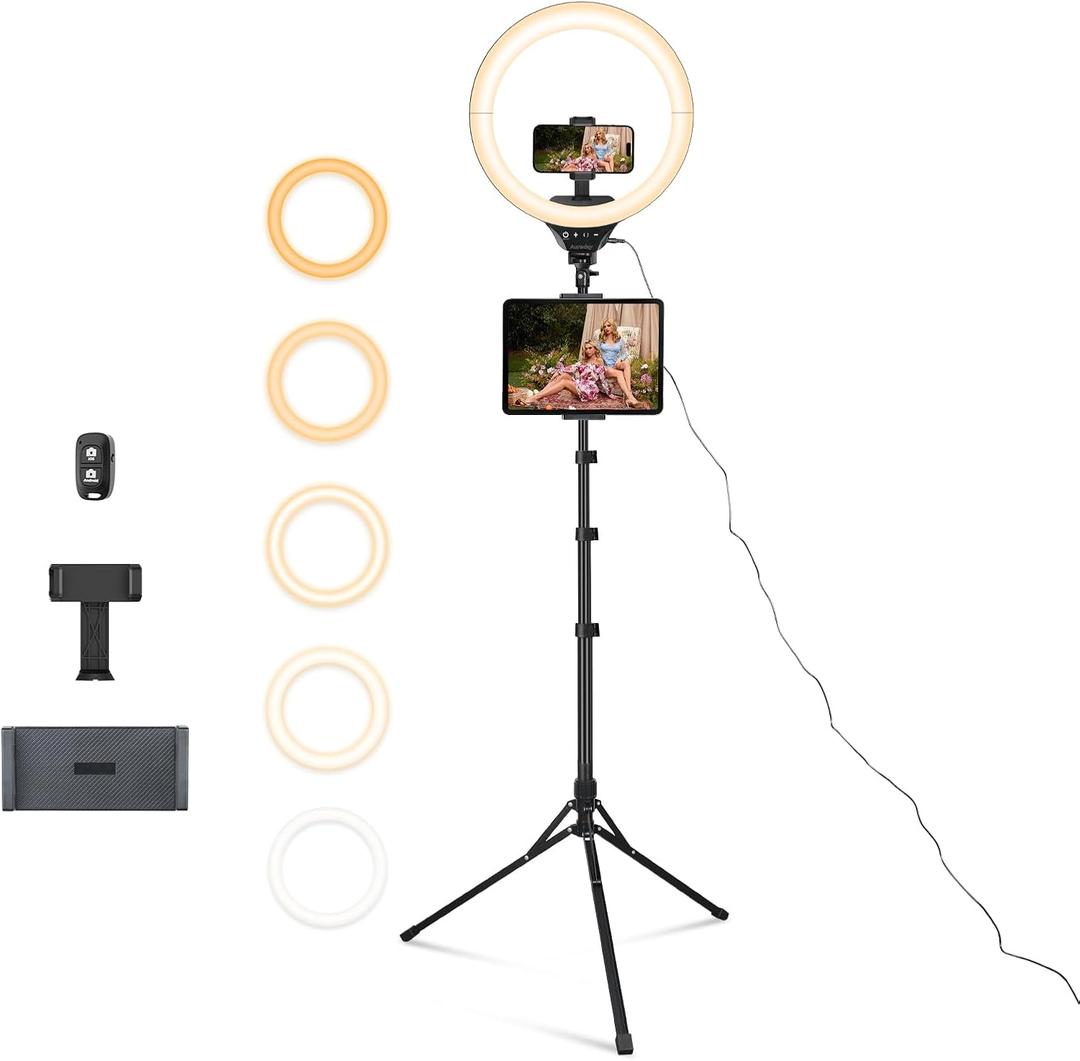 Aureday 14inch iPad Ring Light with Tripod Stand, 62inch Selfie Tripod Light Ring with Phone&Tablet Holder for Recording, 20W LED Circle Light with Wireless Remote for Tiktok, Makeup, Live Streaming