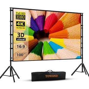 TOWOND Projector Screen and Stand, 100 inch Projection Screen Outdoor Indoor, Portable 16:9 4K HD Rear Front Movie Screen with Carry Bag Wrinkle-Free Design for Home Theater Backyard Cinema