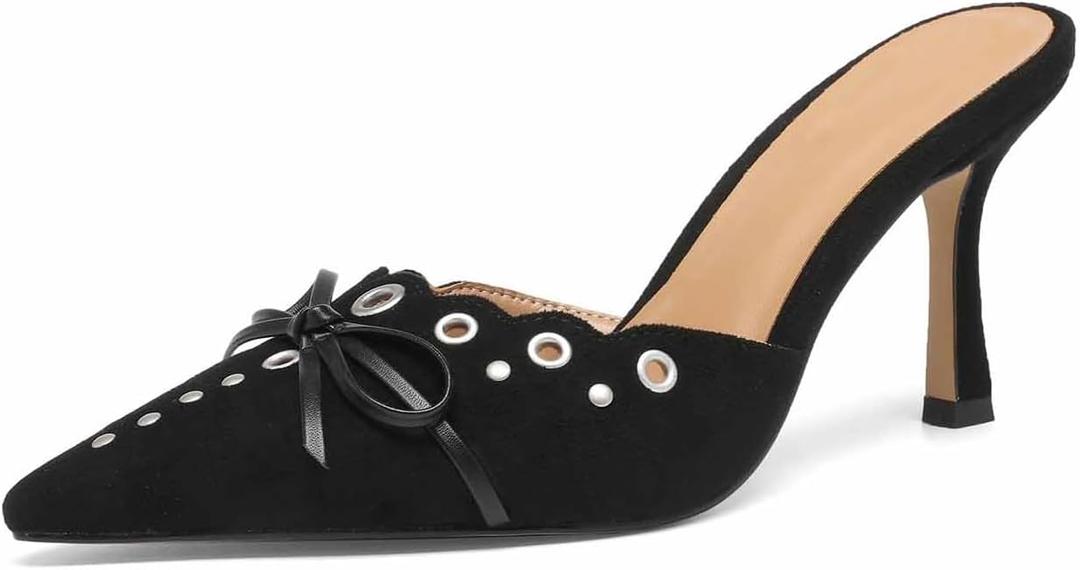 Kitten Heels for Women Pointed Toe Heels Studded Slip On Bow Heels Mules Faux Suede Sandals Kitten Heel Pumps (7.5, #1 Black Suede)