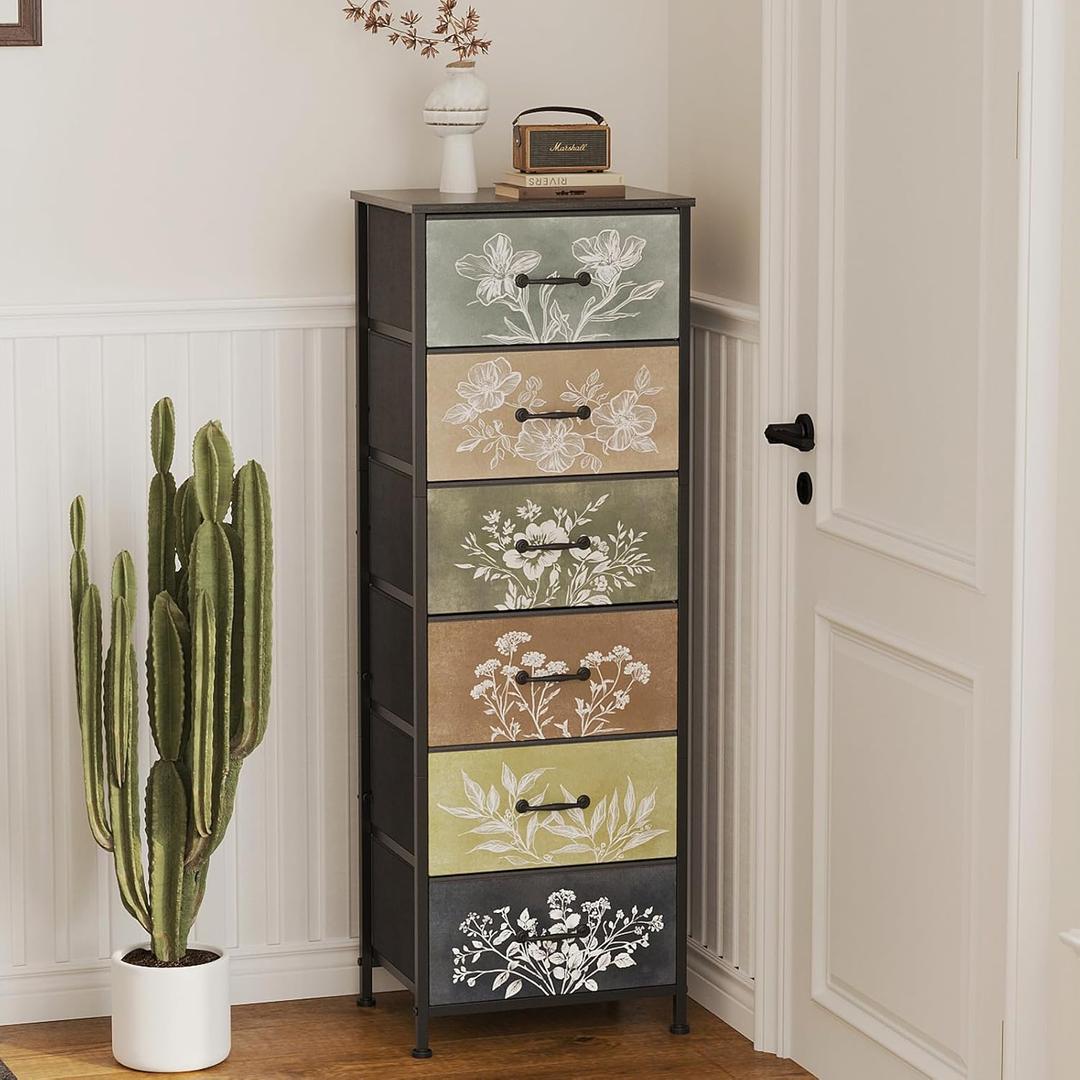 Tohomeor Vintage Dresser Vertical Nightstand with Neutral Botanical Plant Fabric Chest Drawers for Closet Bathroom Storage Tower Unit Bed Side Organizer Farmhouse Rustic (Multi, 6 Drawers) (11.8"D x 15.8"W x 45.9"H (6 Drawers))