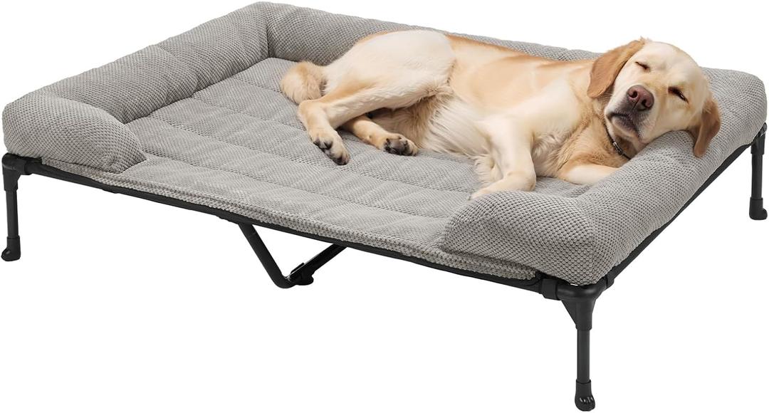 Veehoo Cooling Elevated Dog Bed Add Removable Corduroy Bolster Cushion Mat, 53" x 33" Washable Dog Couch Bed, Raised Pet Cot with Breathable Teslin Mesh, No-Slip Feet, Grey, CWC2439D