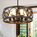 6-Light Dining Room Chandelier Over Table, 21.7'' Black Farmhouse Drum Light Fixtures for Living Room Bedroom, Round Metal Wood Grain Finish, Modern Hanging Pendant Lighting