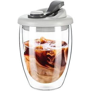 PARACITY Double Wall Glass Coffee Mug, Glass Coffee Cup with Silicone Lid 12 OZ, Insulated Coffee Mug for Milk, High Borosilicate Glass Double Walled Cup for Travel & Home(Grey)