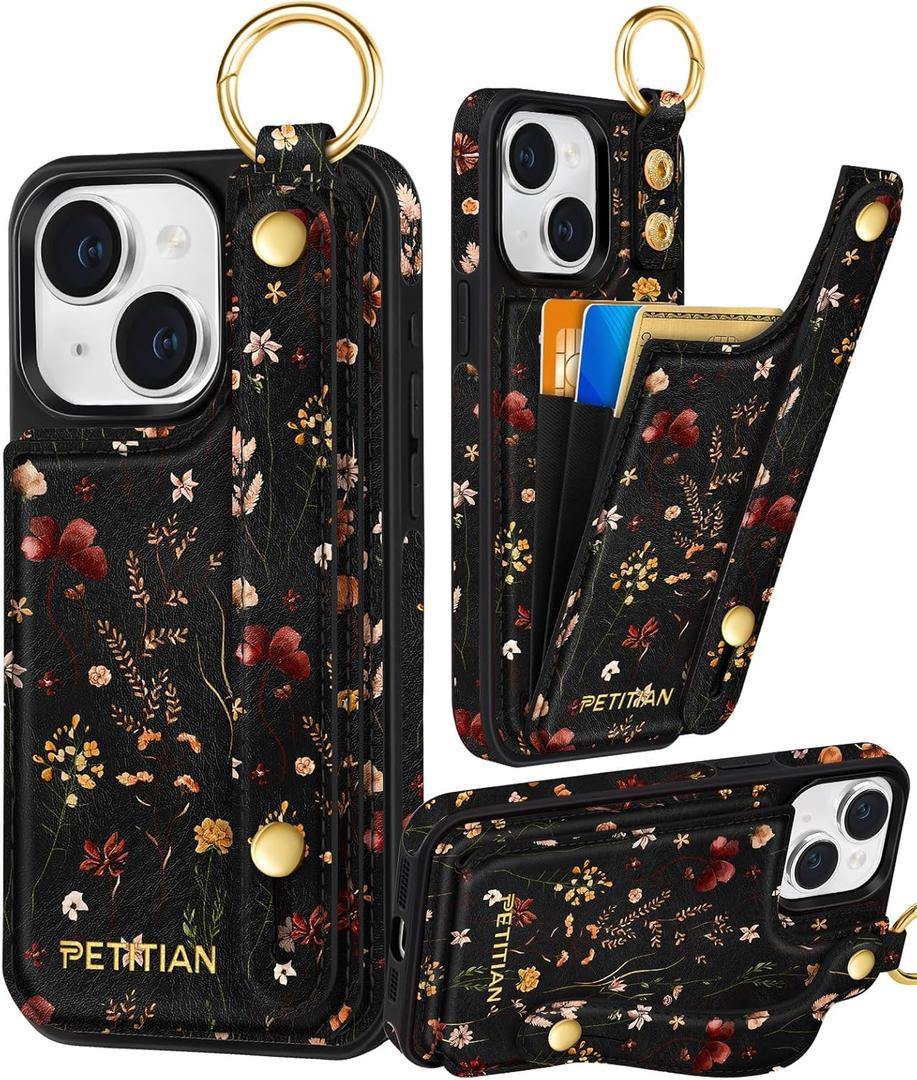 Petitian for iPhone 14/13 Case with Wallet - Women Girls Cute Girly Aesthetic Unique Design Leather Credit Card Holder Cardholder Stand Wristband for iPhone 14/13, Grow Flower