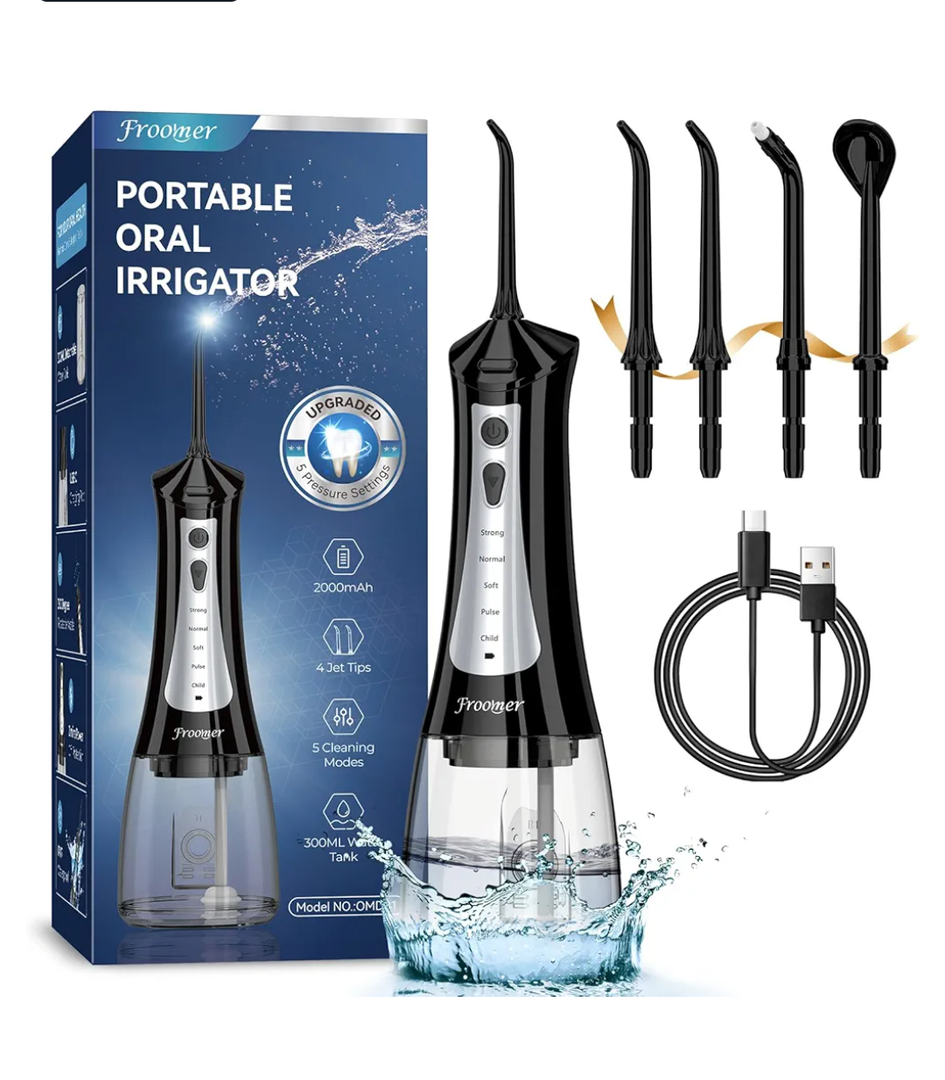 Froomer Water Flosser，Water Dental Forsser for Teeth Clean, 5Modes 4 Jet Tips,Rechargeable Portable Water Flossers for Teeth,300ML Tanks for Travel Friendly (Black)