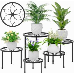VECELO Metal Plant Stands Set of 5, Multiple Heavy Duty Flower Pot Stand, Round Plant Holder, Black