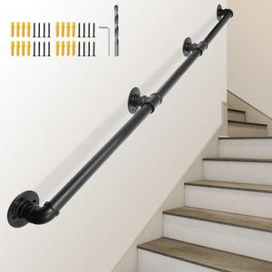 SCIEO 11.4FT Wall Stair Handrail for Indoor Outdoor Industrial Staircase Handrail, Metal Pipe Stair Hand Railing Galvanized Steel Handrails Non-Slip Grab Bar for Indoor Outdoor Steps Stairs Porch Deck (Black)