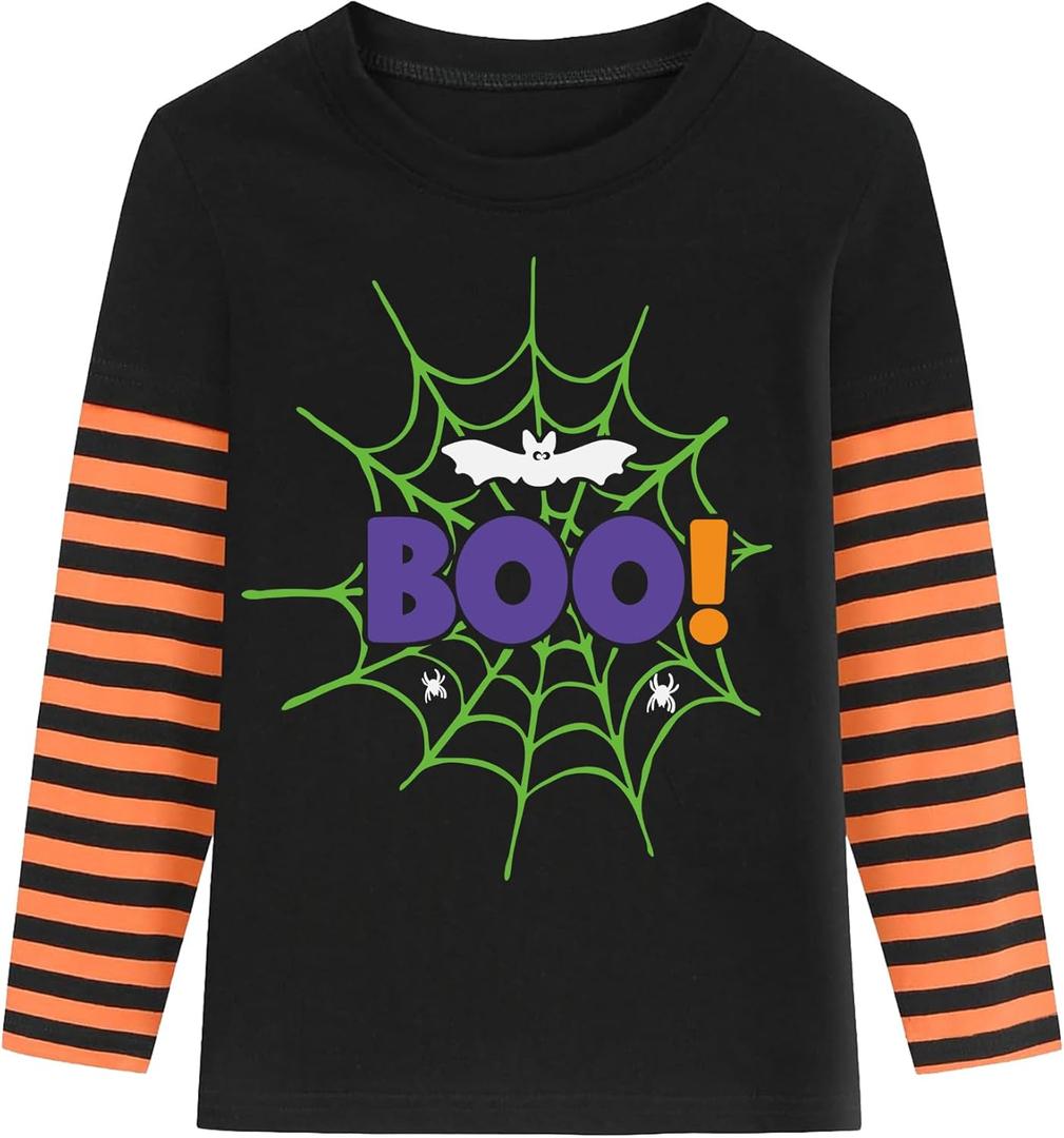 Kids Halloween Shirt Boys Girls Skeleton Hocus Pocus Pumpkin Face Glow in The Dark Graphic Tees Stripe Toddler Long Sleeve (Black)
