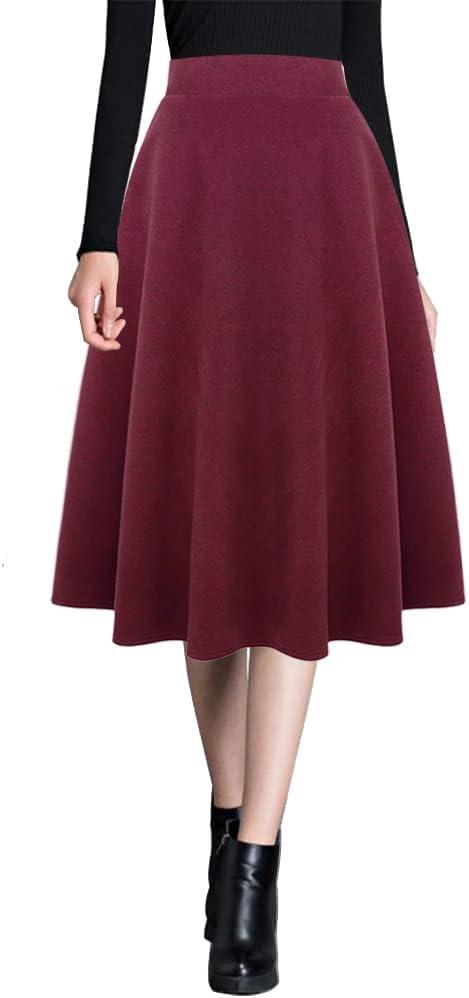 Ylingjun Womens Warm Wool Midi Skirts Winter Fall High Elastic Waist A line Flared Woolen Skirts (Pure Wine) Large