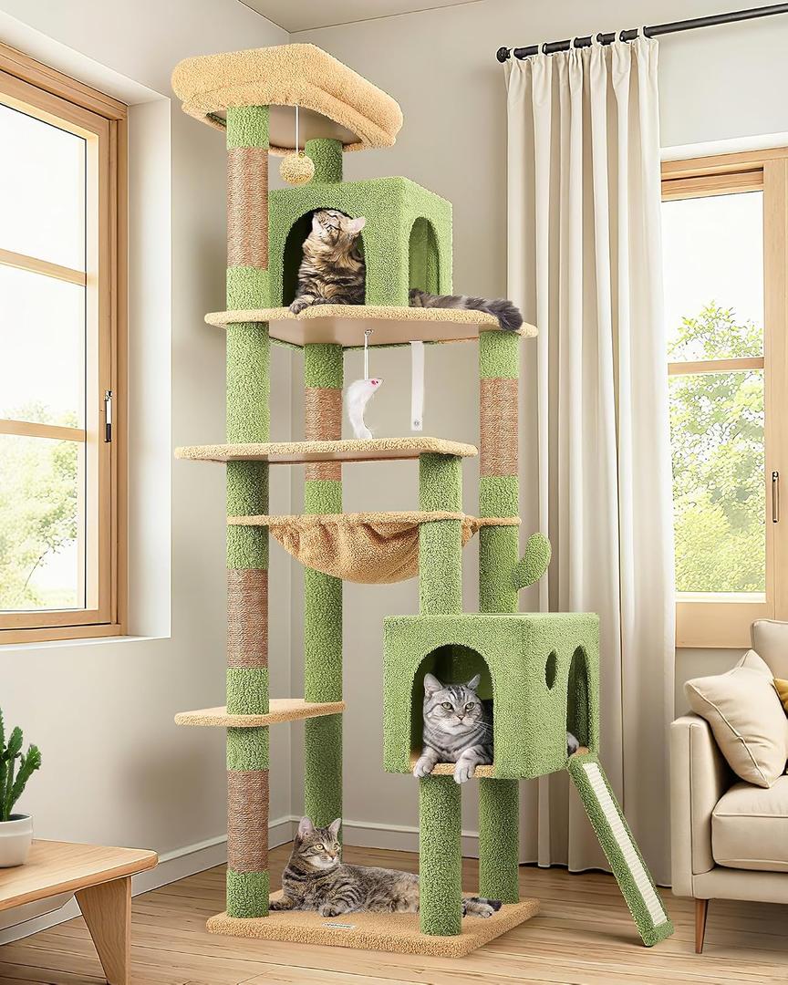 Globlazer Large Cactus Cat Tree Tower, 70in Tall Heavy Duty Green Cat Tree for Indoor Cats Sturdy Cat Tower with Scratching Post and Board, Hammock, Cat Condos for Adult Cats Kittens, F70 Pro, Green