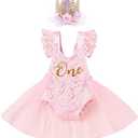 Baby Girl 1st Birthday Outfit Lace Tulle Romper Princess Tutu Dress Headband Shiny ONE Cake Smash Photo Shoot Clothes 90