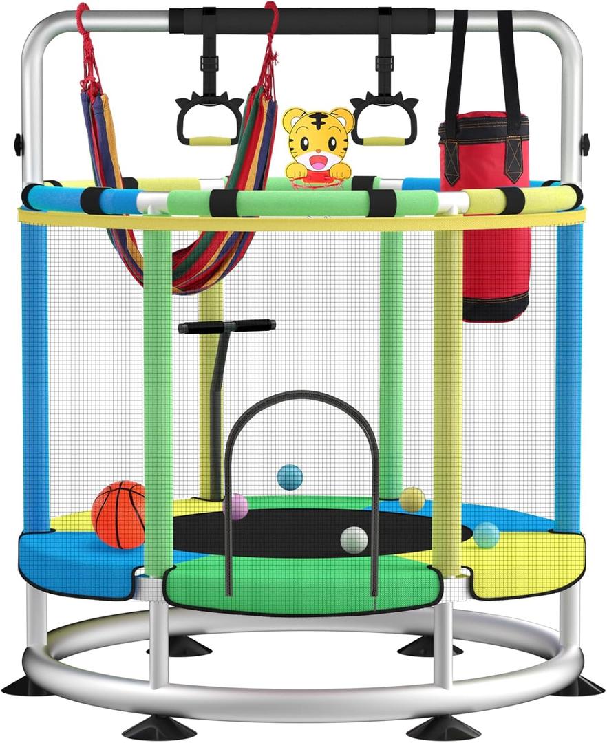 Trampoline for Kids, Adjustable Baby Toddler Trampoline with Basketball Hoop, Round Bottom Indoor Outdoor Toddler with Enclosure (light blue green)