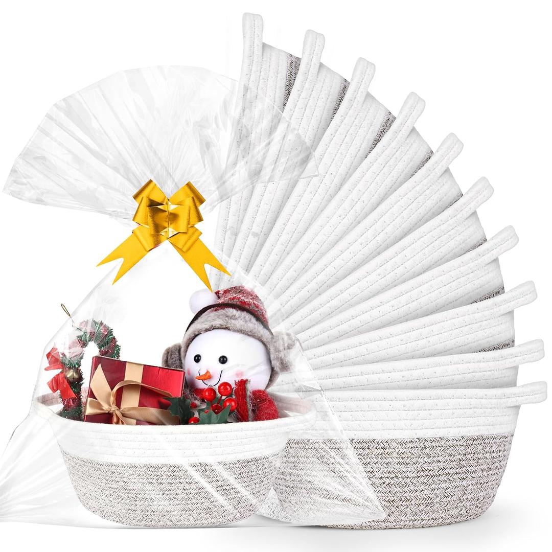AFOROEOA 10PACK White khaki Baskets for Gifts Empty, 12"x 8"x 5" Woven Gift Baskets with Gift Bags and Bows Empty Gift Baskets for Christmas Shelf Small Storage Baskets with Handles
