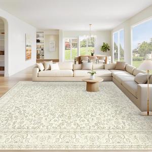 Area Rug 9x12 Washable Rug, Vintage Boho Medallion Rugs Non-Slip Soft Low Pile Large Distressed Rug Indoor Retro Carpet for Living Room Bedroom Dining Room Home Office (IvoryBeige, 9'x12')