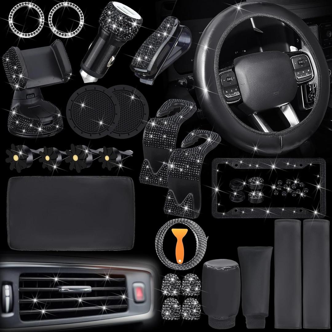46 Pcs Bling Car Accessories Set for Women Leather Steering Wheel Cover Seat Belt Covers Diamond Rings Sticker Rhinestone Cup Holders USB Adapter Flower Air Vent Clip (Black)